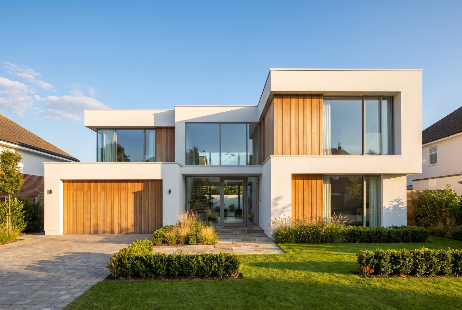 Vorher: Eine normale Tagesaufnahme wird für eine Abendszene in eine stimmungsvolle Dämmerungsversion verwandelt – Architektur und Fenster bleiben unverändert.