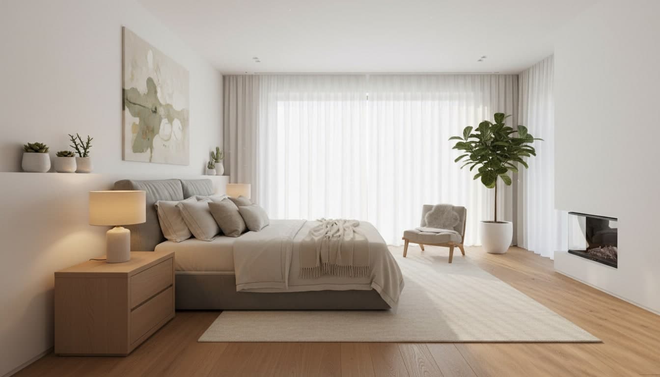 Hell und modern eingerichtetes Schlafzimmer als Beispiel für einen Einrichtungsstil