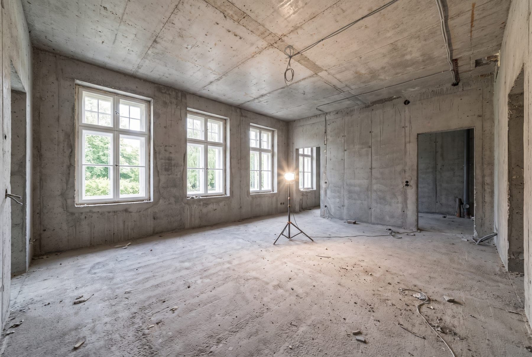 Vorher: Der Rohbau wird als fertig ausgebauter, leerer Raum gezeigt, um Käufern das Potenzial nachvollziehbar zu machen.