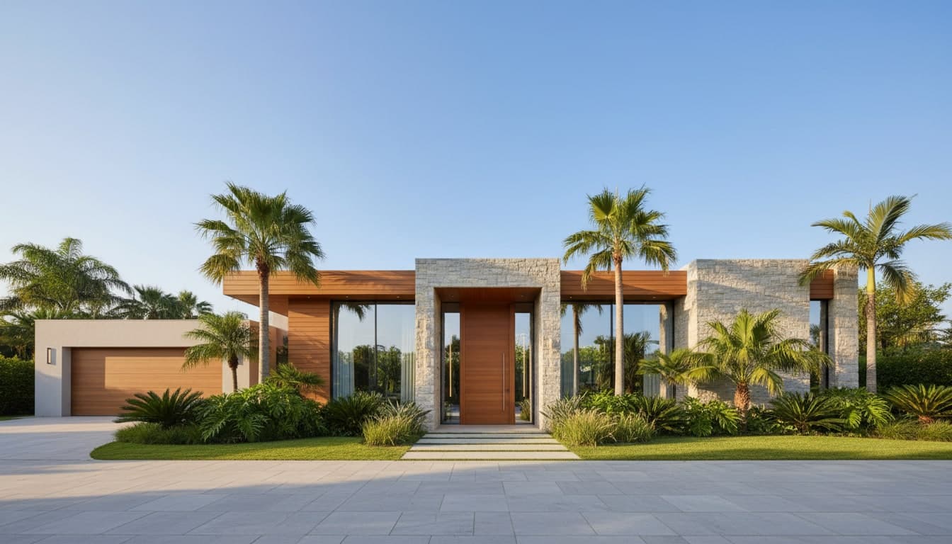 Moderne Villa mit Natursteinfassade und Palmen als Beispiel für KI-gestützte Immobilienvermarktung